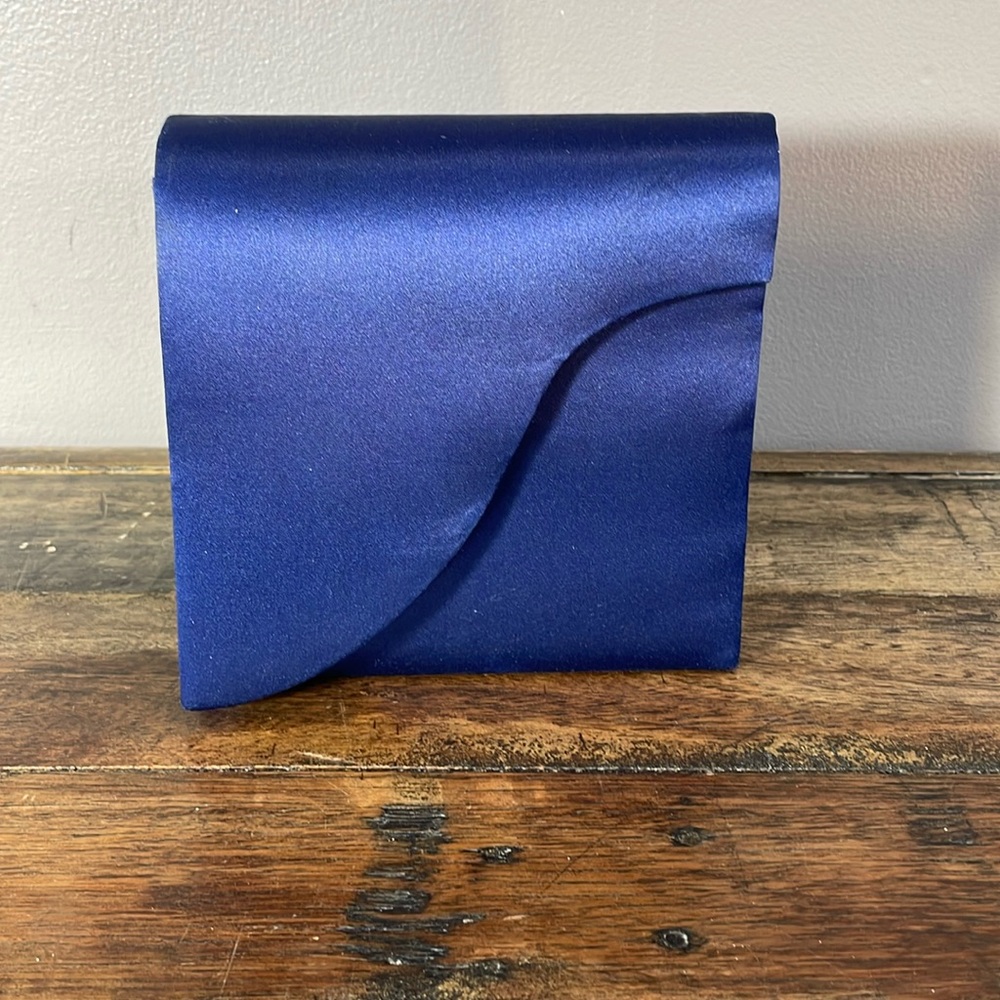 Cute royal blue satin purse with string fold over flap with little small mirror